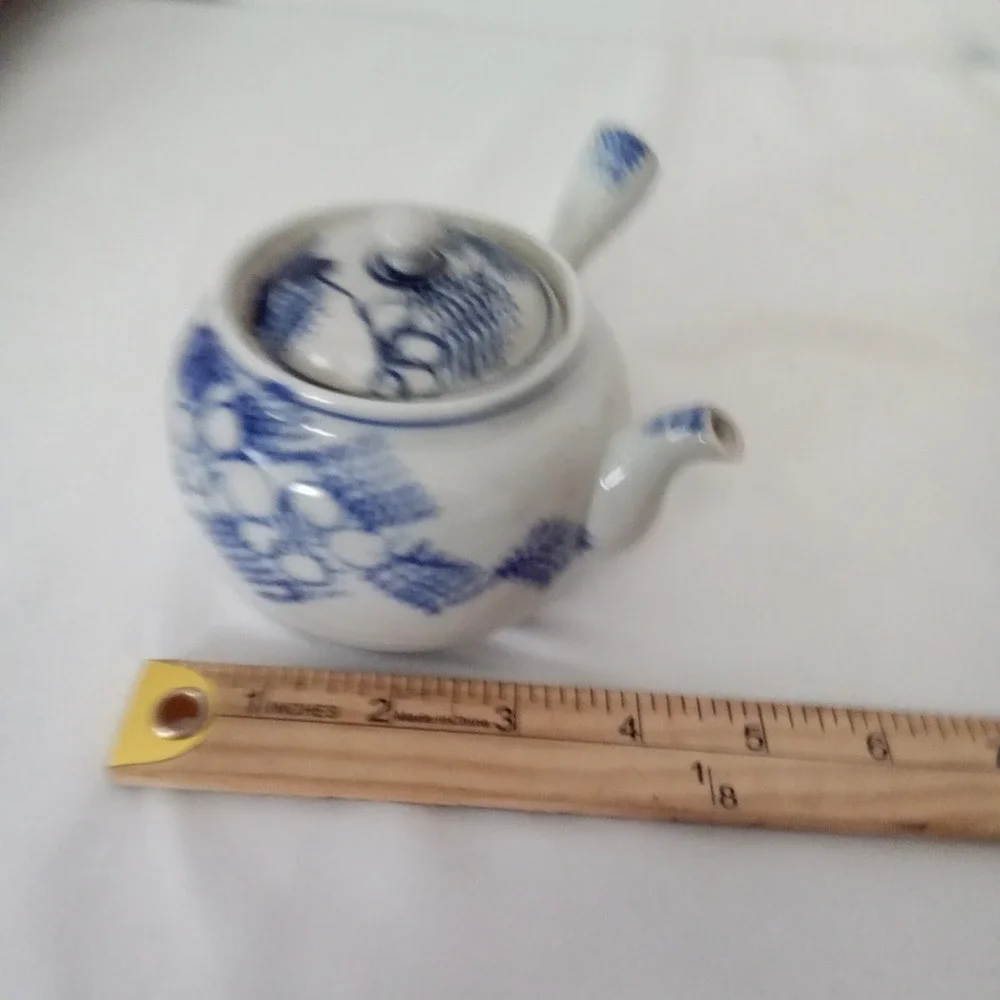 Japanese Kyusu Side Handle Teapot Blue White Floral Bamboo Ceramic Tea Pot 3.5in